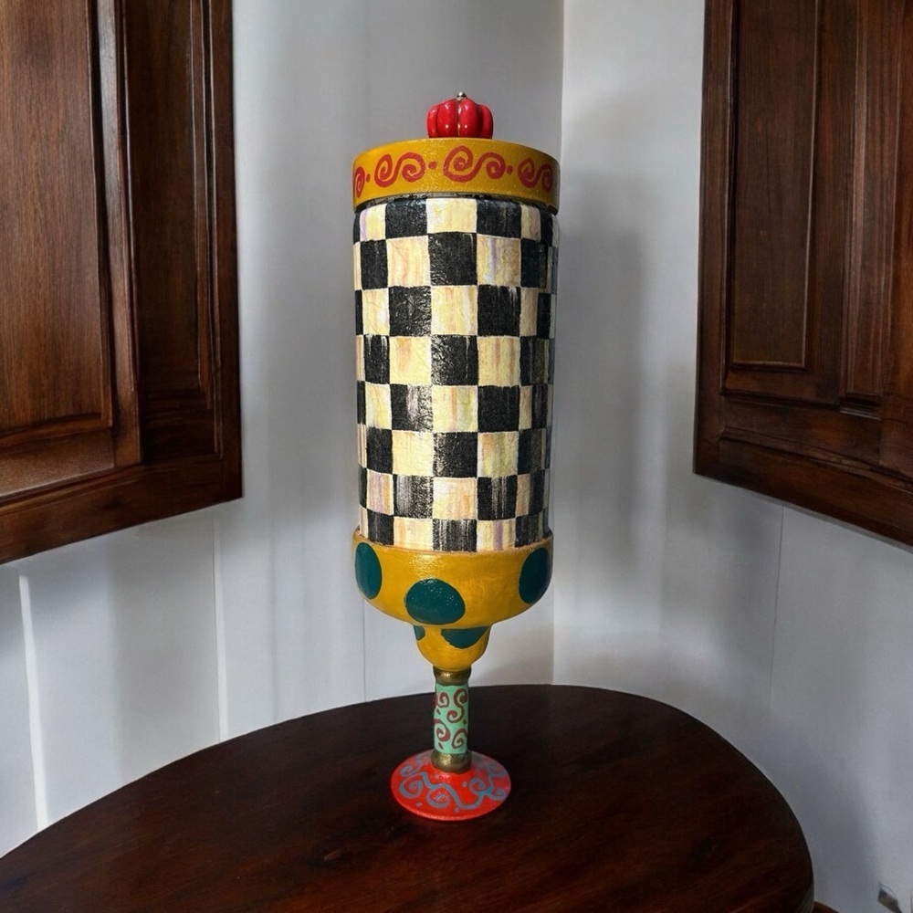 Colorful Checkered Decorative Keepsake trinket Art Jar. Makenzie Child Inspired. - Picture 2 of 7